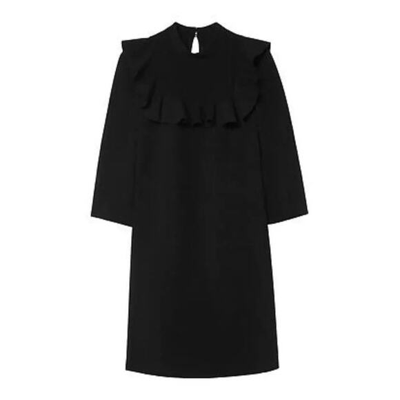 Banana Republic Black Ruffle Frill Mock Neck 3/4 Sleeve Mini Shift Dress Size 2 - Picture 3 of 8